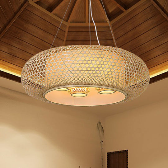 Pumpkin Bamboo Ceiling Light Fixture - South-East Asian Design 4 Bulbs Wood Chandelier / 39.5