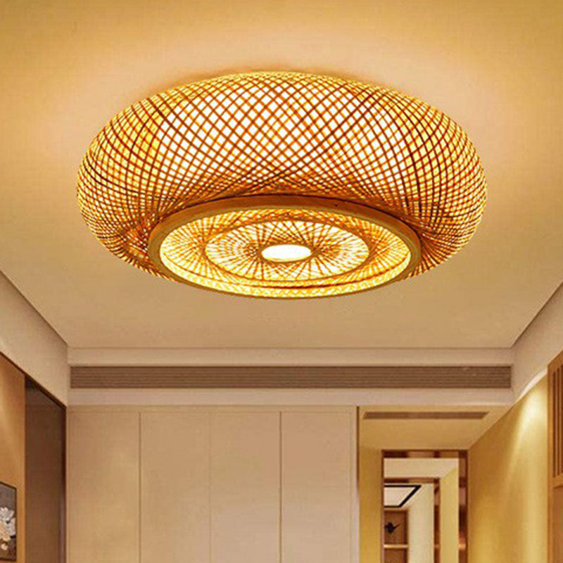 Contemporary Round Bamboo Flush Ceiling Light For Single Bedroom - Wood Finish