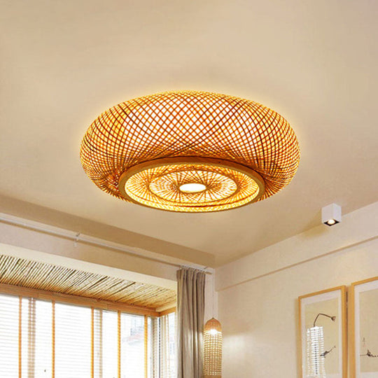 Contemporary Round Bamboo Flush Ceiling Light For Single Bedroom - Wood Finish