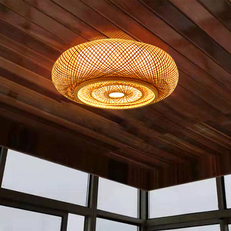 Contemporary Round Bamboo Flush Ceiling Light For Single Bedroom - Wood Finish