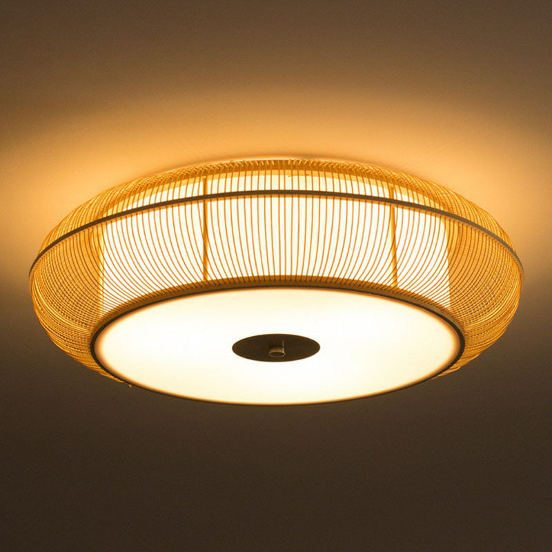 Bamboo Curved Drum Flush Light - Asian Style Ceiling Fixture