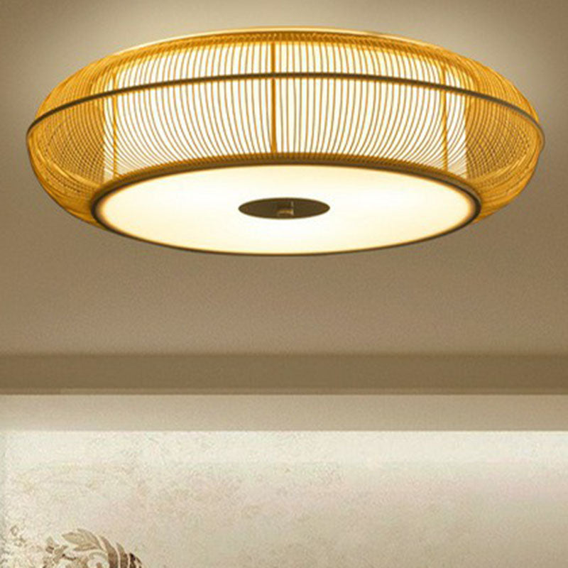 Bamboo Curved Drum Flush Light - Asian Style Ceiling Fixture