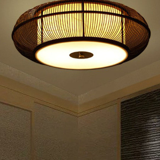 Bamboo Curved Drum Flush Light - Asian Style Ceiling Fixture