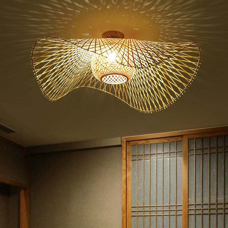 Bamboo Single Wood Flushmount Ceiling Light - South-east Asian Straw Hat Design for Restaurants