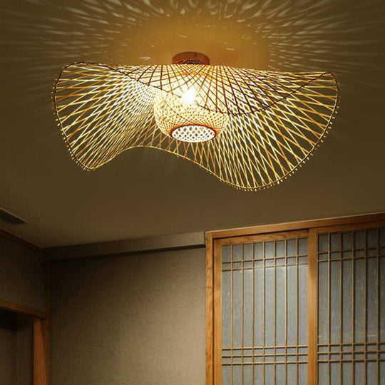 Bamboo Single Wood Flushmount Ceiling Light - South-east Asian Straw Hat Design for Restaurants