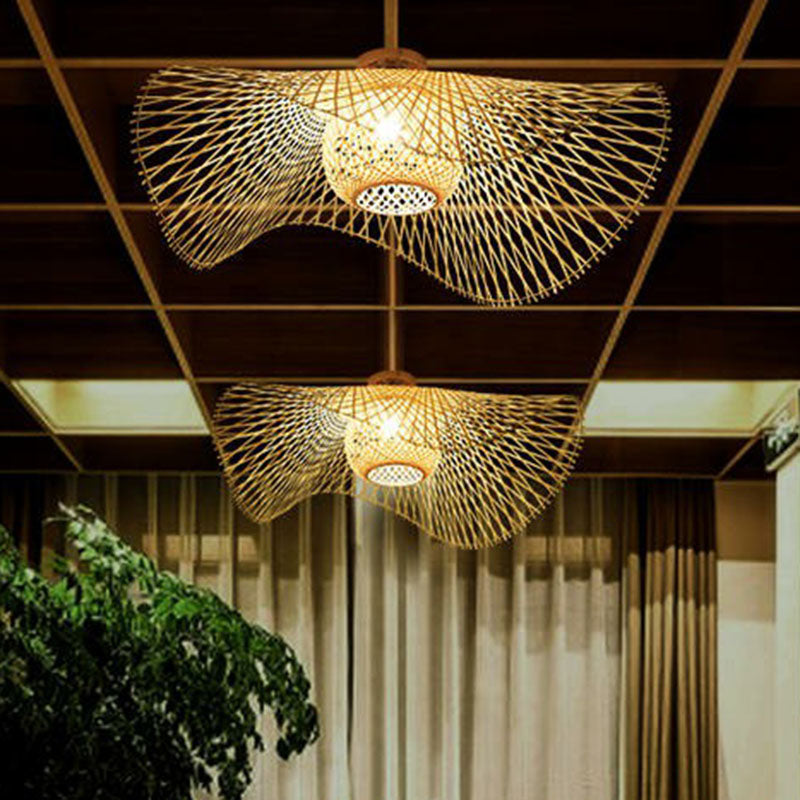 Bamboo Single Wood Flushmount Ceiling Light - South-east Asian Straw Hat Design for Restaurants