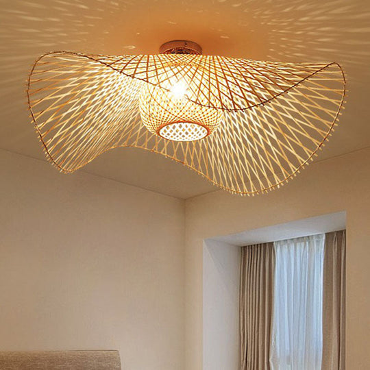 Bamboo Single Wood Flushmount Ceiling Light - South-east Asian Straw Hat Design for Restaurants