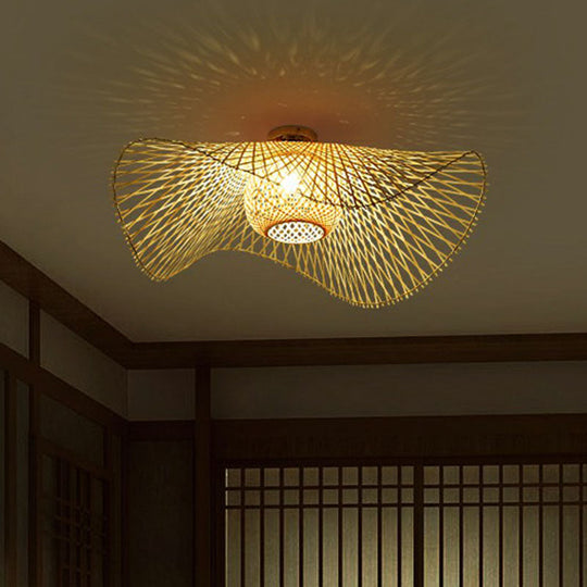 Bamboo Single Wood Flushmount Ceiling Light - South-east Asian Straw Hat Design for Restaurants