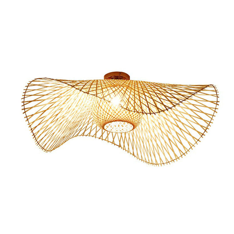 Bamboo Single Wood Flushmount Ceiling Light - South-east Asian Straw Hat Design for Restaurants