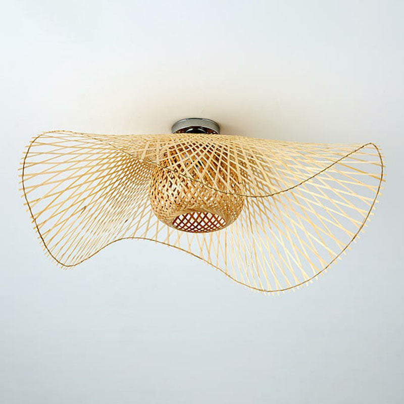 Bamboo Single Wood Flushmount Ceiling Light - South-east Asian Straw Hat Design for Restaurants