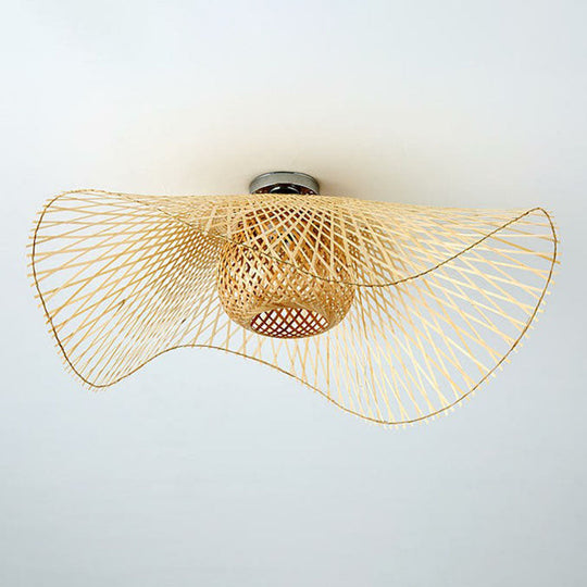 Bamboo Single Wood Flushmount Ceiling Light - South-east Asian Straw Hat Design for Restaurants