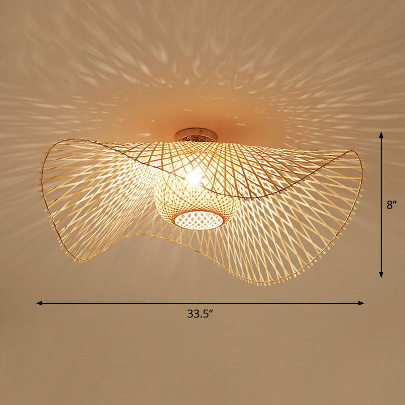 Bamboo Single Wood Flushmount Ceiling Light - South-east Asian Straw Hat Design for Restaurants