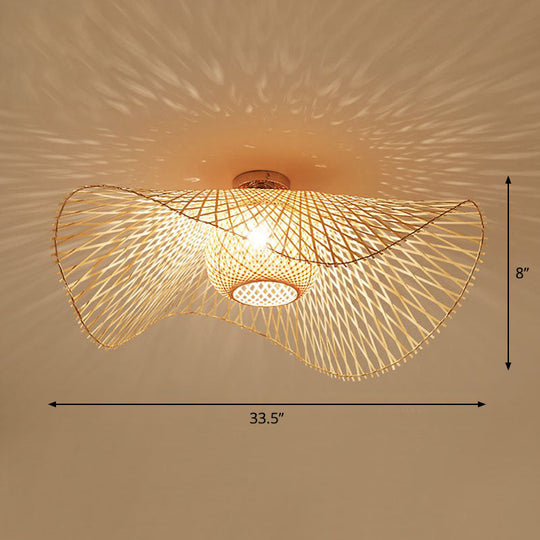 Bamboo Single Wood Flushmount Ceiling Light - South-east Asian Straw Hat Design for Restaurants