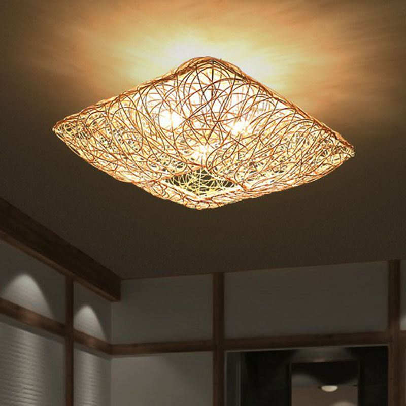 Japanese Rattan Square Flush Ceiling Light with 3 Heads – Wood Bedroom Flush Mount Lighting