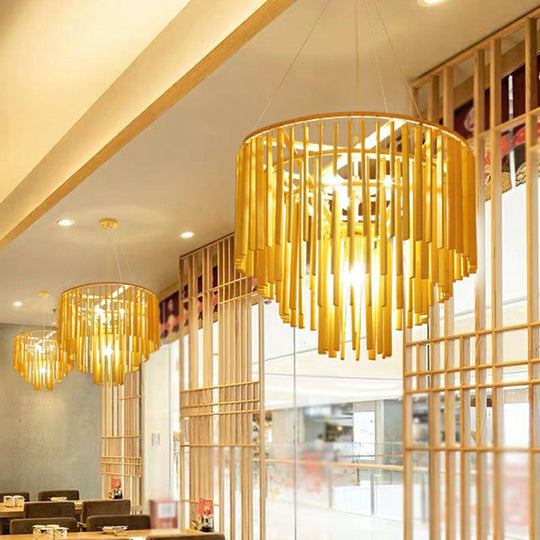 Contemporary Bamboo Pendant Light - Yellow Tiered Chandelier With 4 Heads For Restaurants