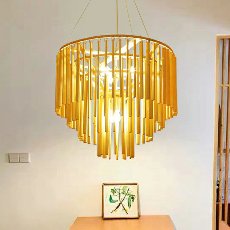 Contemporary Bamboo Pendant Light - Yellow Tiered Chandelier With 4 Heads For Restaurants