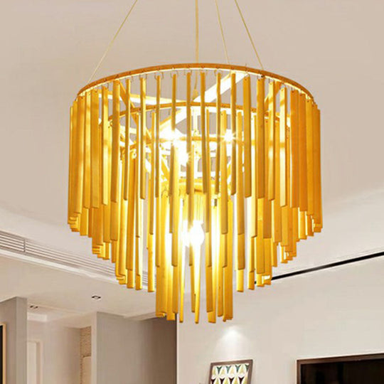 Contemporary Bamboo Pendant Light - Yellow Tiered Chandelier With 4 Heads For Restaurants