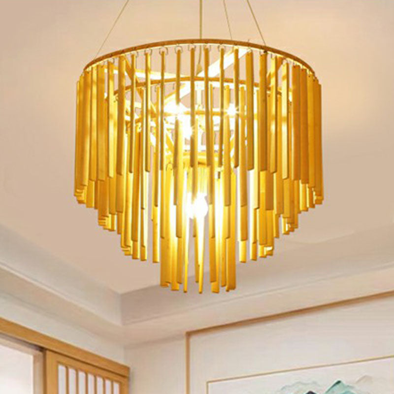 Contemporary Bamboo Pendant Light - Yellow Tiered Chandelier With 4 Heads For Restaurants