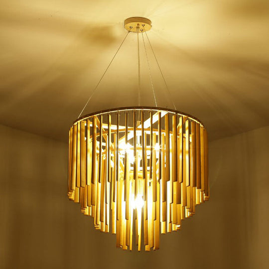 Contemporary Bamboo Pendant Light - Yellow Tiered Chandelier With 4 Heads For Restaurants