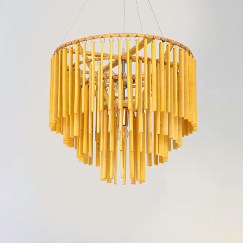 Contemporary Bamboo Pendant Light - Yellow Tiered Chandelier With 4 Heads For Restaurants