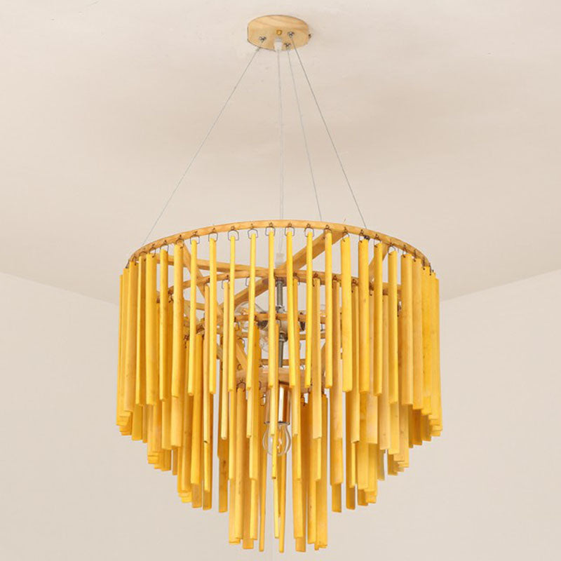 Contemporary Bamboo Pendant Light - Yellow Tiered Chandelier With 4 Heads For Restaurants