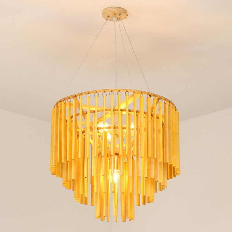 Contemporary Bamboo Pendant Light - Yellow Tiered Chandelier With 4 Heads For Restaurants