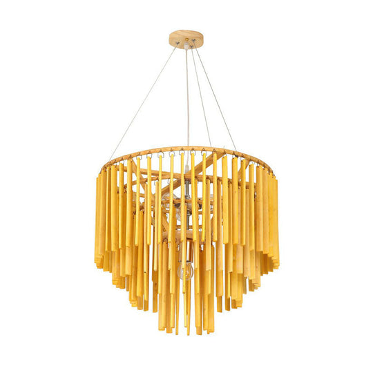 Contemporary Bamboo Pendant Light - Yellow Tiered Chandelier With 4 Heads For Restaurants