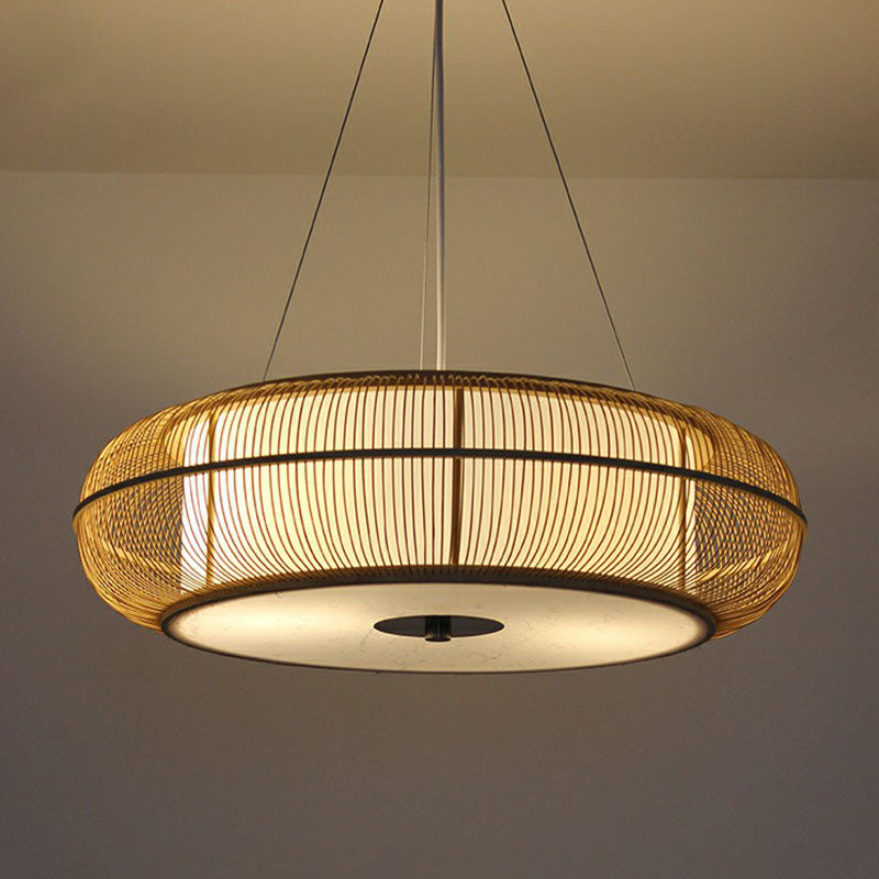 Bamboo Tea Room Chandelier - Curved Drum Suspension Light With South-East Asian Influence