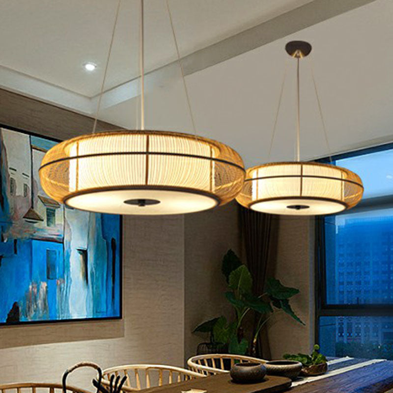 Bamboo Tea Room Chandelier - Curved Drum Suspension Light With South-East Asian Influence Wood / 18