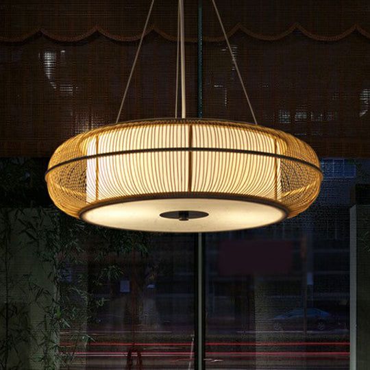 Bamboo Tea Room Chandelier - Curved Drum Suspension Light With South-East Asian Influence