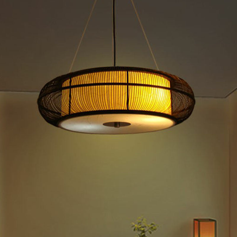 Bamboo Tea Room Chandelier - Curved Drum Suspension Light With South-East Asian Influence