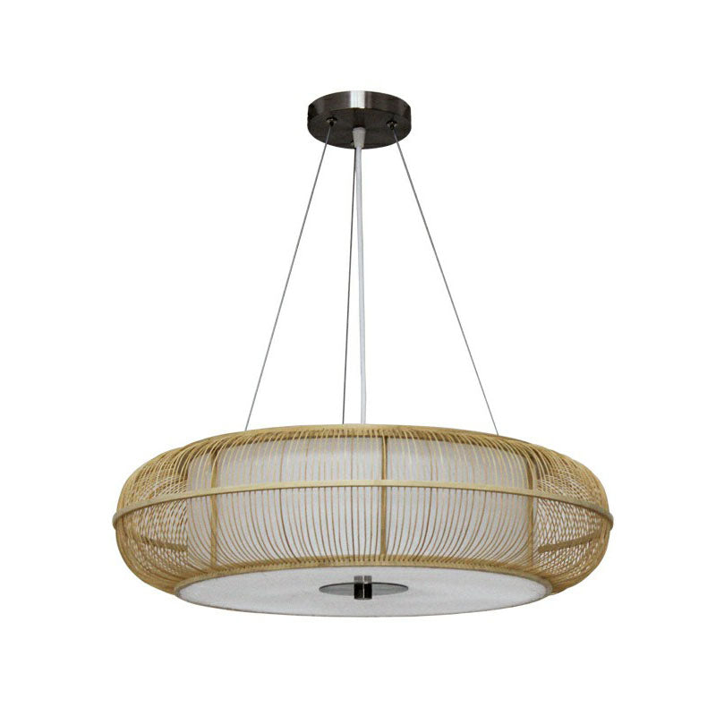 Bamboo Tea Room Chandelier - Curved Drum Suspension Light With South-East Asian Influence