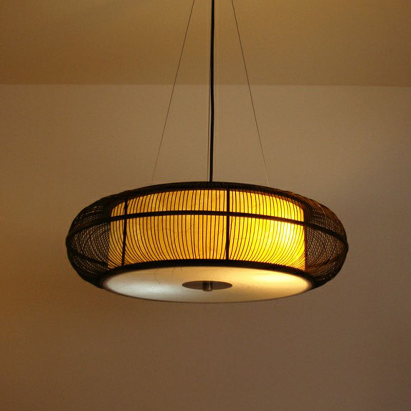 Bamboo Tea Room Chandelier - Curved Drum Suspension Light With South-East Asian Influence