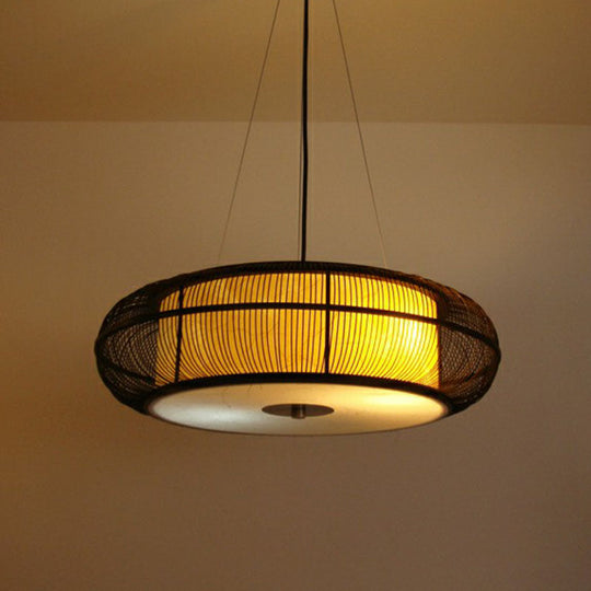 Bamboo Tea Room Chandelier - Curved Drum Suspension Light With South-East Asian Influence