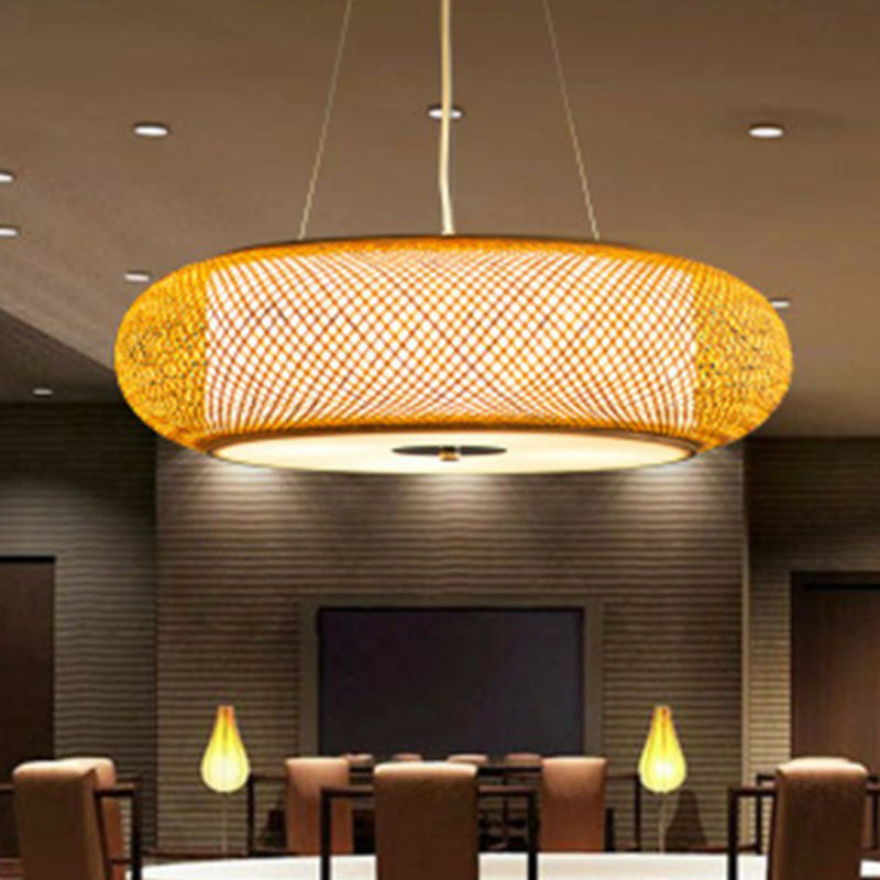 Minimalist Wood Bamboo Pendant Light: Rounded Drum Restaurant Chandelier With 3 Bulbs