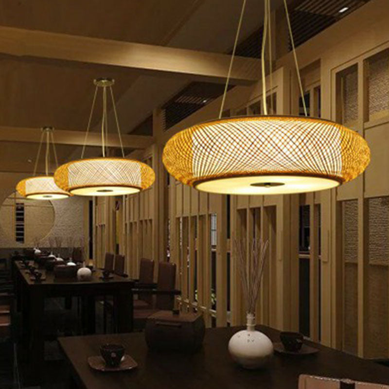 Minimalist Wood Bamboo Pendant Light: Rounded Drum Restaurant Chandelier With 3 Bulbs