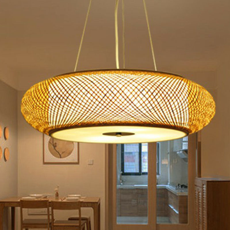 Minimalist Wood Bamboo Pendant Light: Rounded Drum Restaurant Chandelier With 3 Bulbs