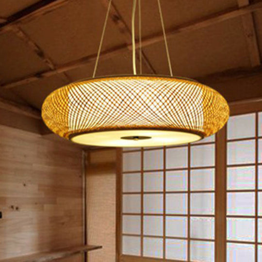 Minimalist Wood Bamboo Pendant Light: Rounded Drum Restaurant Chandelier With 3 Bulbs