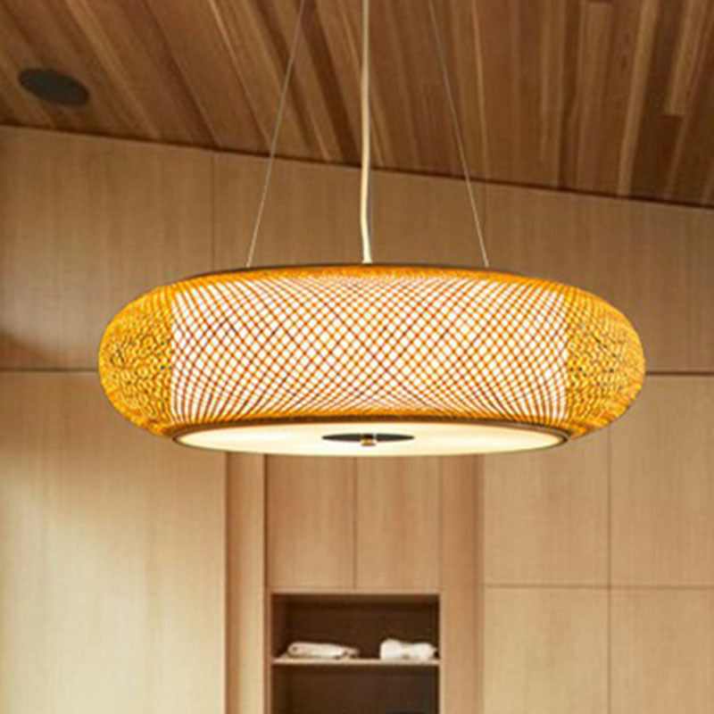 Minimalist Wood Bamboo Pendant Light: Rounded Drum Restaurant Chandelier With 3 Bulbs