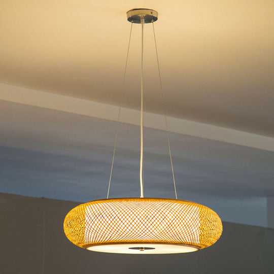 Minimalist Wood Bamboo Pendant Light: Rounded Drum Restaurant Chandelier With 3 Bulbs