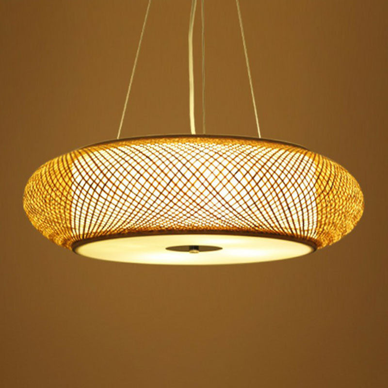 Minimalist Wood Bamboo Pendant Light: Rounded Drum Restaurant Chandelier With 3 Bulbs