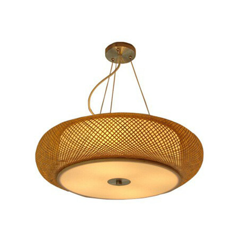 Minimalist Wood Bamboo Pendant Light: Rounded Drum Restaurant Chandelier With 3 Bulbs