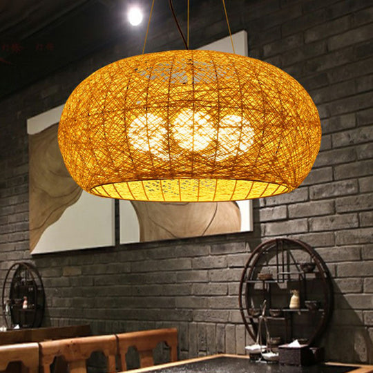 South-East Asian Rattan Curved Drum Ceiling Chandelier With 3 Heads - Lighting Fixture