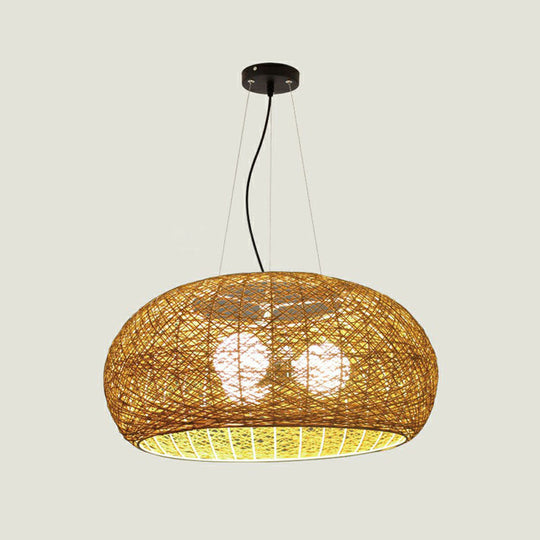 South-East Asian Rattan Curved Drum Ceiling Chandelier With 3 Heads - Lighting Fixture