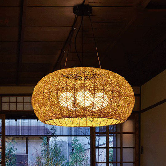 South-East Asian Rattan Curved Drum Ceiling Chandelier With 3 Heads - Lighting Fixture