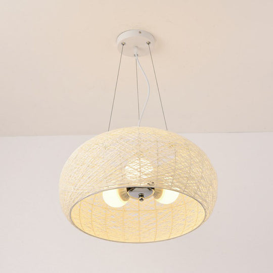 South-East Asian Rattan Curved Drum Ceiling Chandelier With 3 Heads - Lighting Fixture White