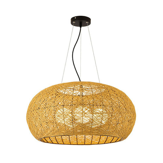 South-East Asian Rattan Curved Drum Ceiling Chandelier With 3 Heads - Lighting Fixture