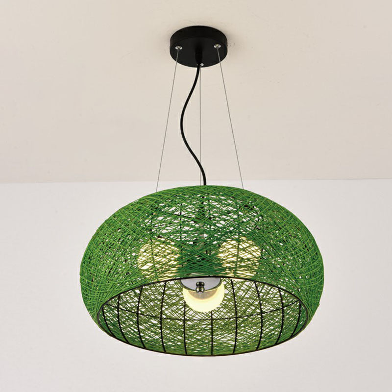 South-East Asian Rattan Curved Drum Ceiling Chandelier With 3 Heads - Lighting Fixture Green