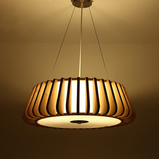 Tapered Drum Chandelier Pendant Light - Contemporary 3 Bulb Wood Hanging For Living Room