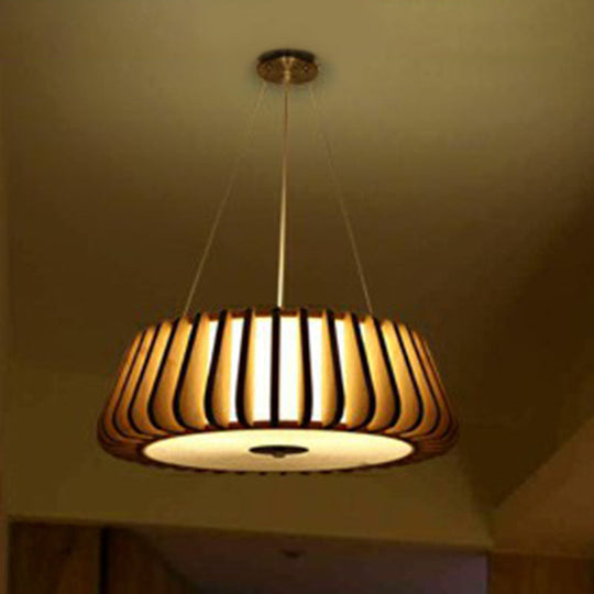 Tapered Drum Chandelier Pendant Light - Contemporary 3 Bulb Wood Hanging For Living Room